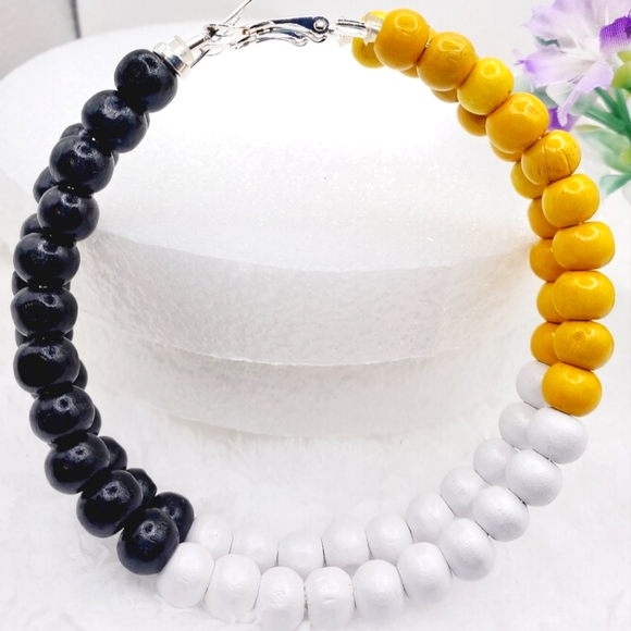 Rasta hoop earrings, African Earrings with wooden beads, Large hoop earrings 3.5 - Picture 2 of 10